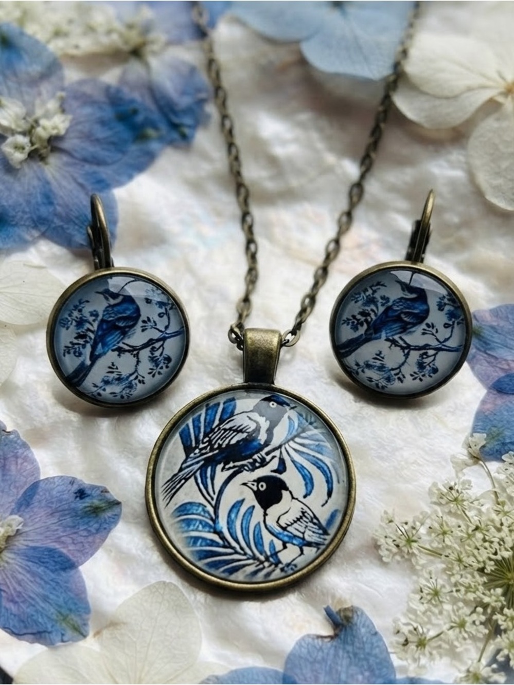 Blue Bird Pendant Necklace and Earring Set